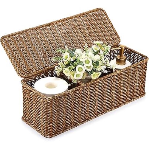 Sumnacon Wicker Storage Basket with Lid, Rectangular Narrow Baskets for Bathroom, Farmhouse Imitation Rattan Bin with Dividers, Decorative Handwoven Tray Organizer for Countertop Shelves Toilet Tank