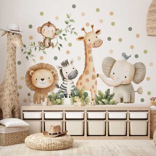 Safari Animal Wall Decal, Self-Adhesive Jungle Decor for Nursery and Kids Room, Lion, Elephant, Giraffe, Zebra, Monkey Sticker, Jungle decal