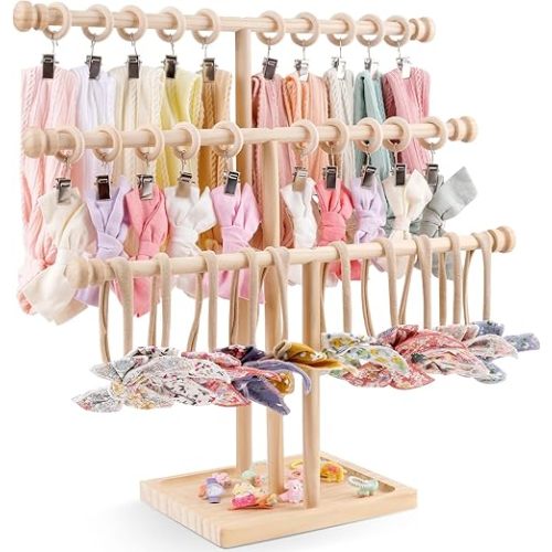 Baby Headband Holder - 3-Tier Wooden Headband Organizer - Hairbands Holder Hair Accessories Organizer Storage - Baby Present Registry and Baby Shower List for Nursery Decor