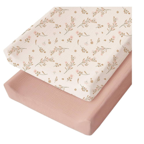 Konssy Muslin Changing Pad Cover for Baby Girls Boys, 100% Cotton Fitted Diaper Chang Table Covers, Soft Breathable Changing Pad Sheets, 2 Pack (Floral,Pink)