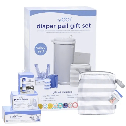 Ubbi Diaper Changing Value Gift Set, Baby Registry Gift, Includes Gray Diaper Pail, Absorbing Gels, Travel Changing Mat & Bag, Diaper Pail Waste Bags and On-the-Go Waste Sacks