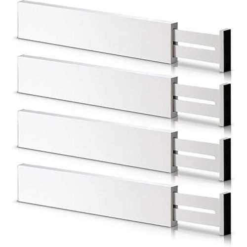 4 Pack Bamboo Drawer Dividers, Adjustable Length from 12 Inch to 17 Inch, Expandable Kitchen Drawer Organizer, Drawer Organization Separators for Clothes, Kitchen, Bedroom, Dresser, Office (White)