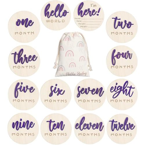3D Baby Milestone Wooden Circles Hello World Newborn Sign 7 Pack Double Sided Monthly Milestone Cards Sign Baby Announcement Sign for Newborn Shower Photo Props(Purple)