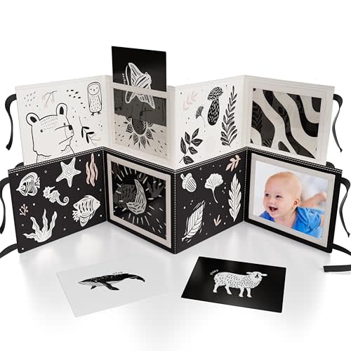 Soft Tummy Time Book w/ Stimulating Baby Safe Mirror - Fun Black and White Montessori Toy w/ Crinkle Filling & 20 High Contrast Designs - Perfect Newborn Toy For Safe and Early Infant Development
