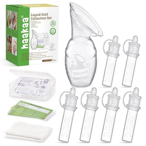 haakaa Gen.1 Manual Breast Pump 100ml/4oz. & 4ml Colostrum Collectors (6pcs) Combo - Liquid Gold Collection Set, Flexible & Soft Silicone Breast Milk Collector with Ready-to-use Colostrum Syringe