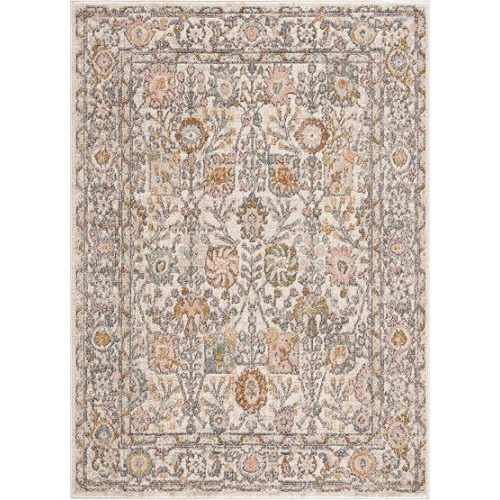 Herstmonceux Boho Vintage Colorful Area Rug - Farmhouse Traditional Floral Pink Carpet for Living Room, Bedroom - Cream, Green, Sage, Red, Gray, Taupe - 6'7" x 9' (6x9)