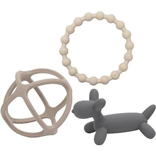 WeeSprout Silicone Baby Teether Toys for Infant Babies and Toddlers, Cute Ring, Puppy Dog, and Ball, Soft and Flexible, BPA Free, Boys and Girls (Matte Dark Gray, Tan & Off White)