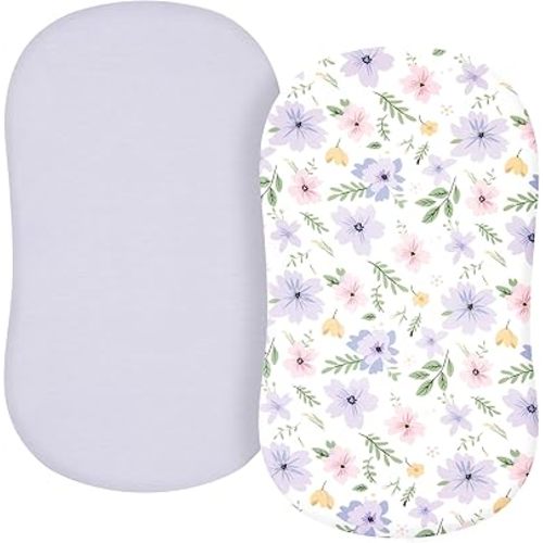 TILLYOU Bassinet Sheets Baby Ultra Soft Fitted for Boys Girls, Fits Oval/Rectangle/Hourglass Mattress，2 Pack Brilliant Little Flowers and Purple