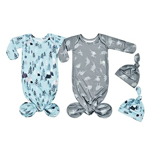 Terriboo Newborn Baby Long Sleeve Sleeper Gown with Mittens Knotted Gown Coming Home Outfit Nightgown Hat Set 2 Pieces