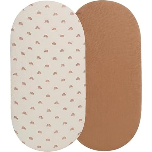 Muslin Bassinet Sheets Compatible with Dream On Me Karley (Plus Portable) Bassinet, Chicco LullaGo Portable and ANGELBLISS 3 in 1 Rocking, 100% Cotton, 2 Pack, Natural and Rainbow