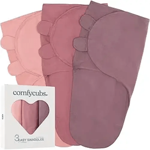 Comfy Cubs Easy Swaddle Blanket, 3 Pack - 100% Cotton Newborn Wrap, Small for 0-3 Months Infants, Breathable and Durable Sleep Sack for Babies - Blush, Mauve & Mulberry