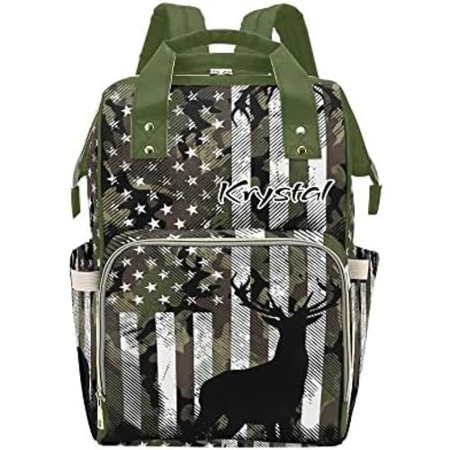 Camo American Flag Deer Antlers Diaper Bags with Name Waterproof Mummy Backpack Nappy Nursing Baby Bags Gifts Tote Bag for Women