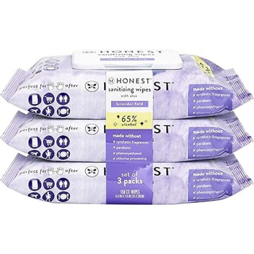 The Honest Company Sanitizing Alcohol Wipes | Kills 99% of Germs, Made With Aloe | Lavender, 150 Count (3 Packs of 50)