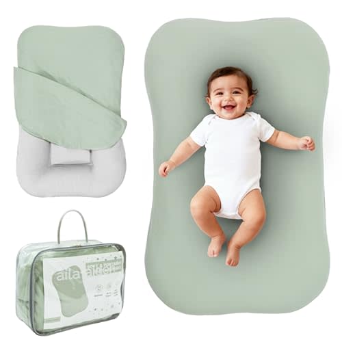 Aila + Aiden Baby Lounger | Organic Cotton Infant Lounger | Adjustable & Portable Floor Lounger | Supervised Use | Soft, Breathable, Washable Cover - Snuggle Collection - (Sage)