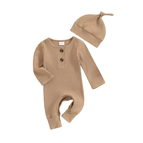 Newborn Baby Girls Boys Romper Bodysuit Long Sleeve Solid Ribbed Jumpsuit Hat Set Coming Home Outfits Neutral Clothes