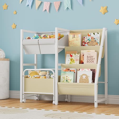 3-Tier Kids Bookshelf and Toy Organizer, Montessori Baby Toddler Book Shelf with Movable Drawer and 2 Toy Bins for Playroom, Bedroom, Nursery (White, Style 1)
