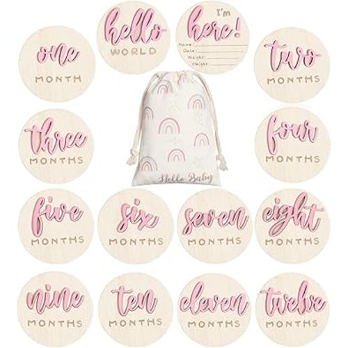 3D Baby Milestone Wooden Circles Hello World Newborn Sign 7 Pack Double Sided Monthly Milestone Cards Sign Baby Announcement Sign for Newborn Shower Photo Props(Pink)