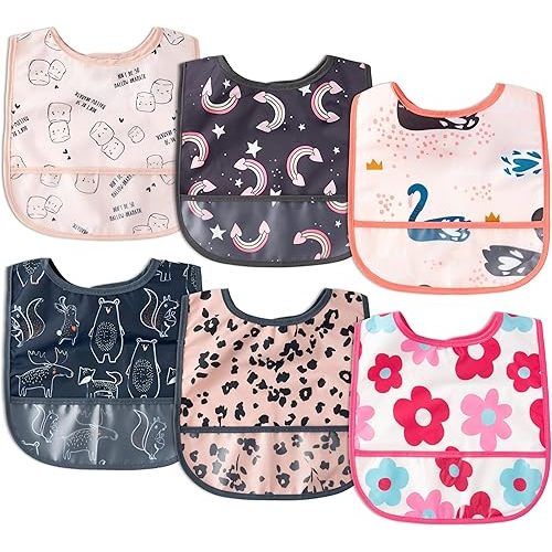 2ooya 6Pcs Waterproof Toddler Bibs Baby Feeding Bib for Infant with Pocket