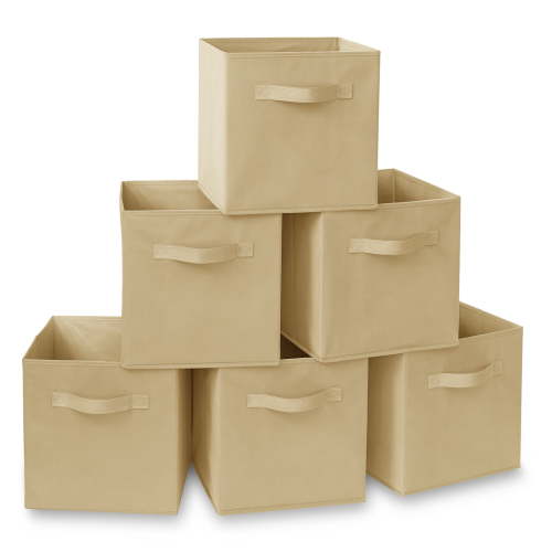 Casafield Set of 6 Fabric Storage Cube Bins, Beige - 11" Collapsible Foldable Cloth Baskets for Shelves and Cubby Organizers