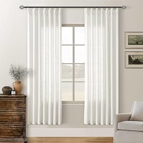 72 Inch Linen Curtains Pinch Pleated 2 Panels for Dining Room Bedroom Semi Sheer Pleat Drapes with Hooks Rings Light Filtering Short Window Curtain Cabit Closet Beige Ivory White 40x72