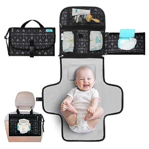 Kopi Baby Portable Diaper Changing Pad - Baby Diaper Changer Travel Bag with Wipes Pocket, Smart Design Portable Changing Mat, Infant Travel Station Kit, Gift for Newborn Girl & Boy - Black Arrows