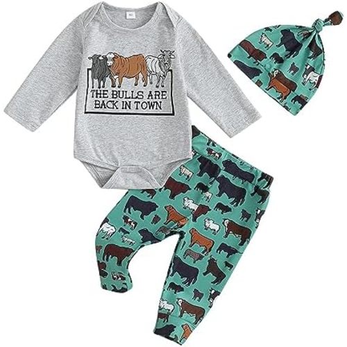 Baby Boy Cowboy Outfit Newborn Western Country Boy Clothes Cow Print Letter Bodysuit+Long Pants+Cap 3pcs Fall Clothes