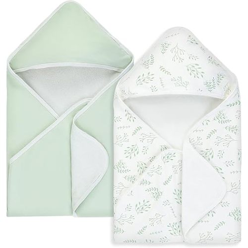Baby Towels 2 Pack,Hooded Baby Towels Set,Baby Infant Bath Towels with Hood,Soft and Absorbent Nursery Towel,Large 28x28 Inch,Newborn Essential(Mint Green Leaves & Mint Green)