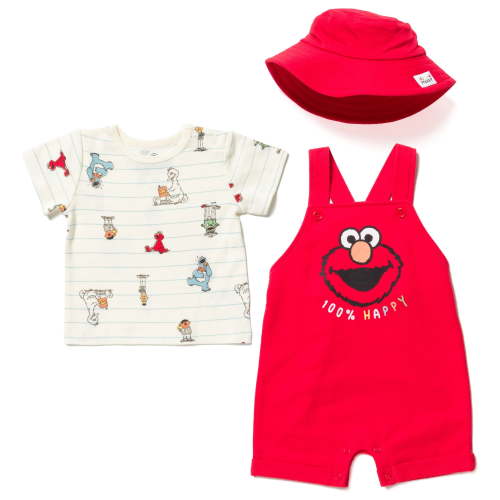Sesame Street Elmo Newborn Baby Boys French Terry Short Overalls T-Shirt and Hat 3 Piece Outfit Set Newborn to Toddler