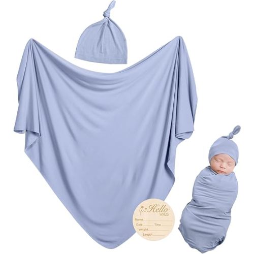 Rayon Made from Bamboo Baby Swaddle Blanket Set with Matching Beanie,Soft & Breathable Receiving Blankets for Infant Newborn, Swaddle Wrap for Babies Girl and Boy, 35 x 35 Inch