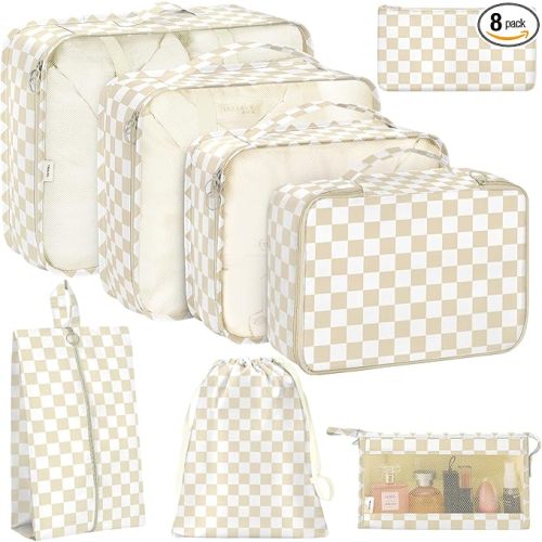 8 Set Packing Cubes for Travel, Luggage Packing Organizers Accessories Large Toiletries Bag for Clothes Shoes Cosmetics (Khaki Checkered)