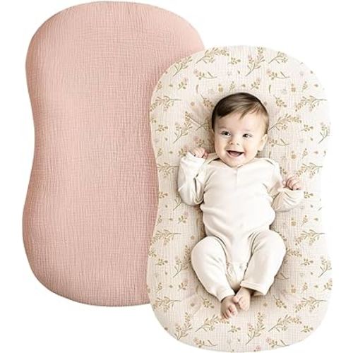Konssy Muslin Baby Lounger Cover 2 Pack, 100% Cotton Newborn Lounger Cover, Soft and Breathable Lounger Slipcover for Boys Girls, Covers Only (Pink, Floral)