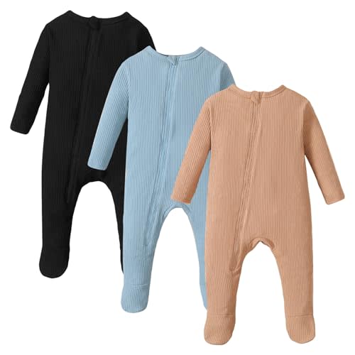 OPAWO Newborn Footie Pajamas with Mitten Cuffs Double Zipper Sleepers Baby Boy Girl Onesie Footed One-Piece Romper 0-6 Months