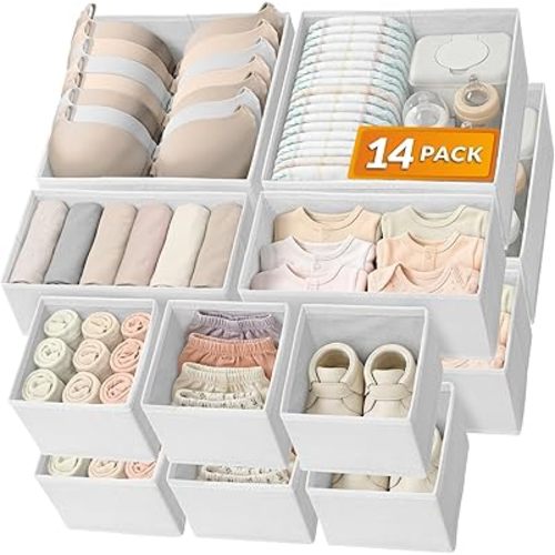 Reli. Drawer Organizer Clothes (14 Pack) | Organization for Dresser, Closet, Nursery, Baby Clothes | Foldable Fabric Dresser Dividers for Bra, Underwear, Socks (White)