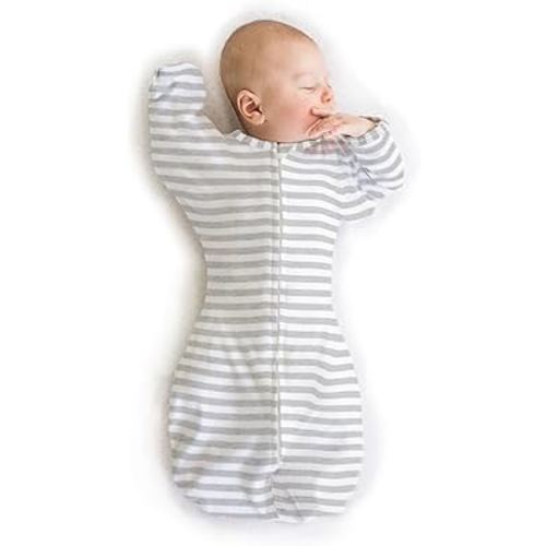 SwaddleDesigns Transitional Swaddle Sack, Arms Up Half-Length Sleeves & Mitten Cuffs, Swaddle for Newborn Transition to Baby Sleep Sack Wearable Blanket, 0-3 Month, 6-14 lb, Heathered Gray Stripes