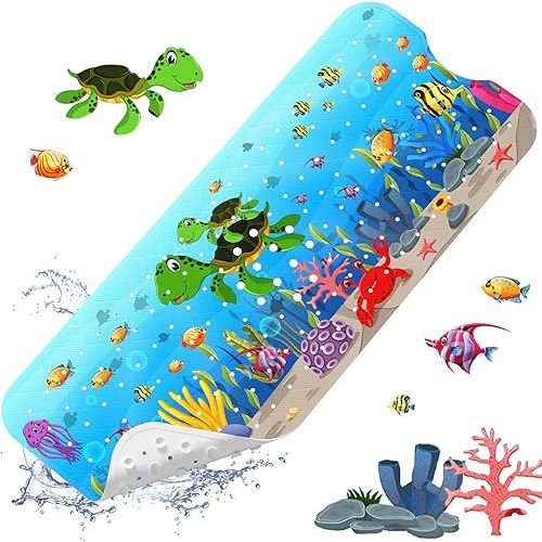 XIYUNTE Baby Bath Mat for Tub Non Slip - 40''x16'' Extra Long Kids Bath Tub Mat Non Slip Cartoon Bathtub Shower Mat Anti Slip with Suction Cups and Drain Holes, Machine Washable, Sea Turtle