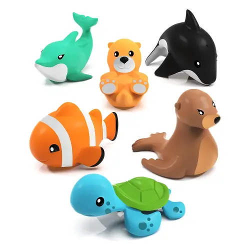 Tub Works® Marine™ Mold Free Bath Toys, 6 Pack | Sealed, No Hole Bath Toys Design Keeps Moisture Out | Soft, Squeezable & Float on Water | Easy-Grip Baby & Toddler Bath Toy Set | Great Baby Pool Toys