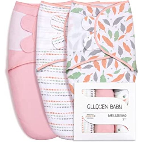 GLLQUEN BABY Swaddle Blankets for Baby Girls, Orange Pink Feather & Wave Point, 3 Pack Wrap Set, Newborn Adjustable Swaddles Sleep Sack, 0-3 Months (Small/Medium)