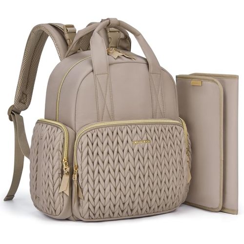 mommore Diaper Bag Backpack, Stylish Travel Baby Bag with Insulated Pockets, Changing Pad and Stroller Straps for Toddler (L-Brown Taupe, Large-27L)