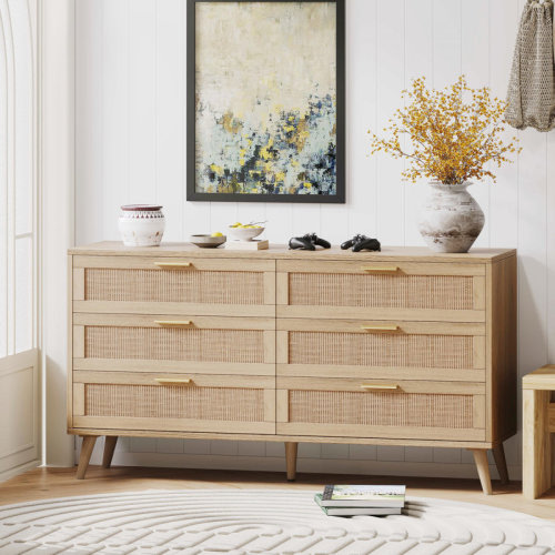 George Oliver Jakoby Rattan 6 Drawer Double Dresser for Bedroom, Chest of Dressers, Modern Dresser Drawer Chest & Reviews | Wayfair