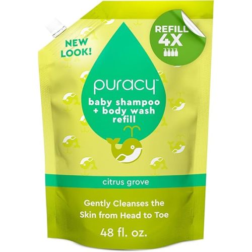 Puracy Shampoo & Body Wash for Children - Perfect Skin, Pure Ingredients - with 12 Fruit & Vegetable Extracts for Silky Smooth Skin, Gentle Citrus Grove Aromas, 98.8% from Mother Nature 48 Oz