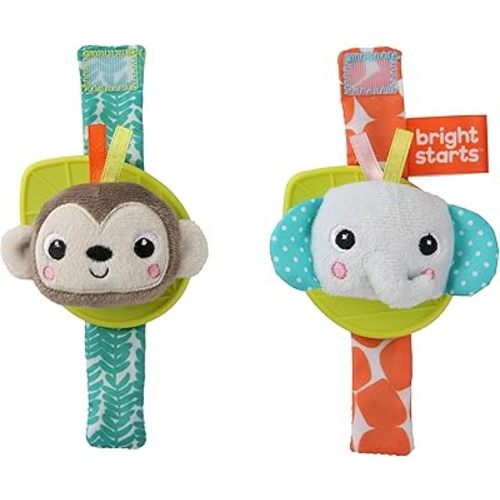 Bright Starts Rattle & Teethe Wrist Pals Toy - Monkey & Elephant, Newborn +