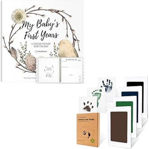 First 5 Years Baby Memory Book Journal & Inkless Hand and Footprint Kit - 90 Pages Hardcover First Year Keepsake Milestone Baby Book For Boys, Girls - 4-Pack Ink Pad for Baby Hand and Footprints
