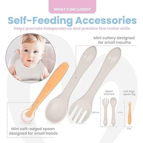 MiMiful Baby Led Weaning Supplies -6+ Month Silicone Baby Feeding Set, First Stage BWL utensils Dinnerware,Toddler Plate Bowls Set, Spoon, Fork, Lid, Suction Bowl & Cup, Platos Para Bebes (PearlWhite)