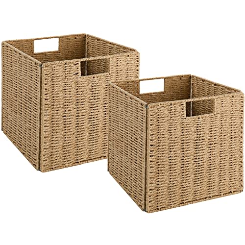 Vagusicc Wicker Storage Basket, Set of 2 Hand-Woven Storage Baskets for Shelves with Handles Foldable Cube Storage Baskets Bins, 9 inch Wicker Baskets for Pantry Bedroom Organizer &Decor, Natural