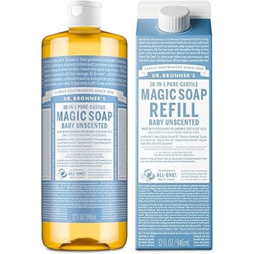 Dr. Bronner's Pure-Castile Liquid Magic Soap Bottle & Refill Carton - Made with Regenerative Organic Certified Oils- 18-in-1 Uses for Face, Body Wash, Hand Soap Refill- Baby Unscented, 32 oz
