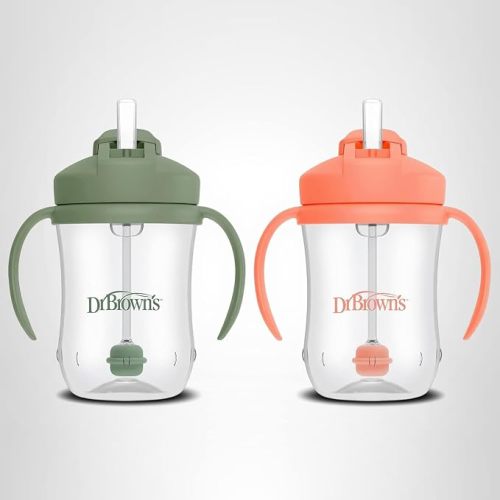Dr. Brown's Milestones Baby's First Straw Cup, Training Cup with Weighted Straw, 9 oz/270 mL, BPA-free, 6m+, Coral/Olive Green, 2-Pack