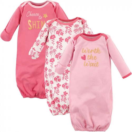 Luvable Friends Newborn Infant Girl's Cotton Long-Sleeve Sleep Gowns Multipack, Worth The Wait, 0-6 Months