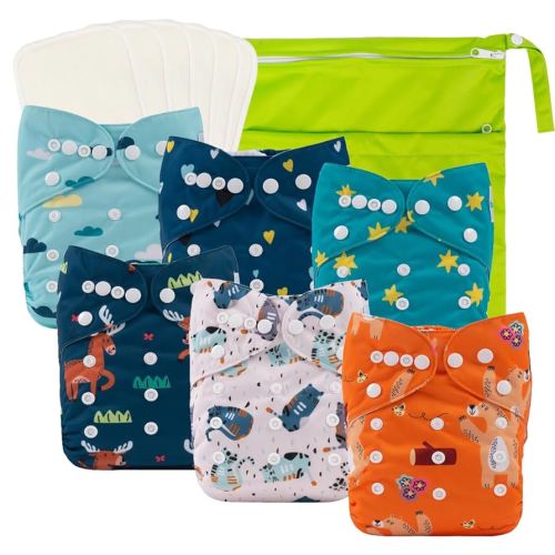 babygoal Baby Reusable Cloth Diapers 6 Pack+6pcs Rayon from Bamboo Inserts+Wet Bag, One Size Adjustable Washable Pocket Nappy Covers for Boys 6FB41