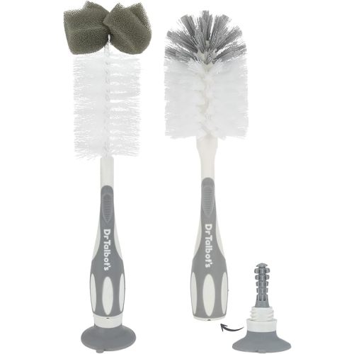 Dr. Talbot’s Bottle and Nipple Brush, Soft Nylon Bristles, Sponge Top, Handle with Suction Base, 2 Pack, Gray