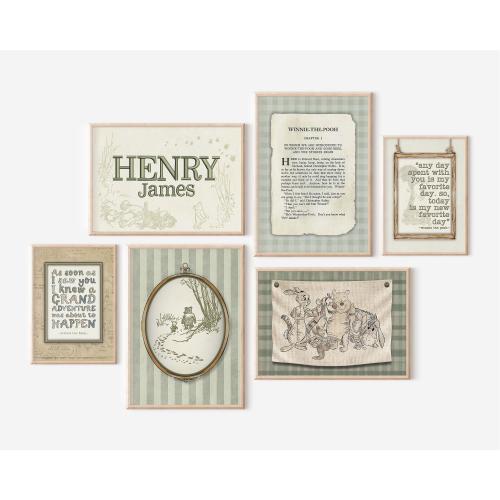 Winnie Pooh Nursery Wall Art Print Set Baby Room Decor Green Gingham Nursery Name Vintage Style Baby Gift Embroidered Custom Name Wall Art